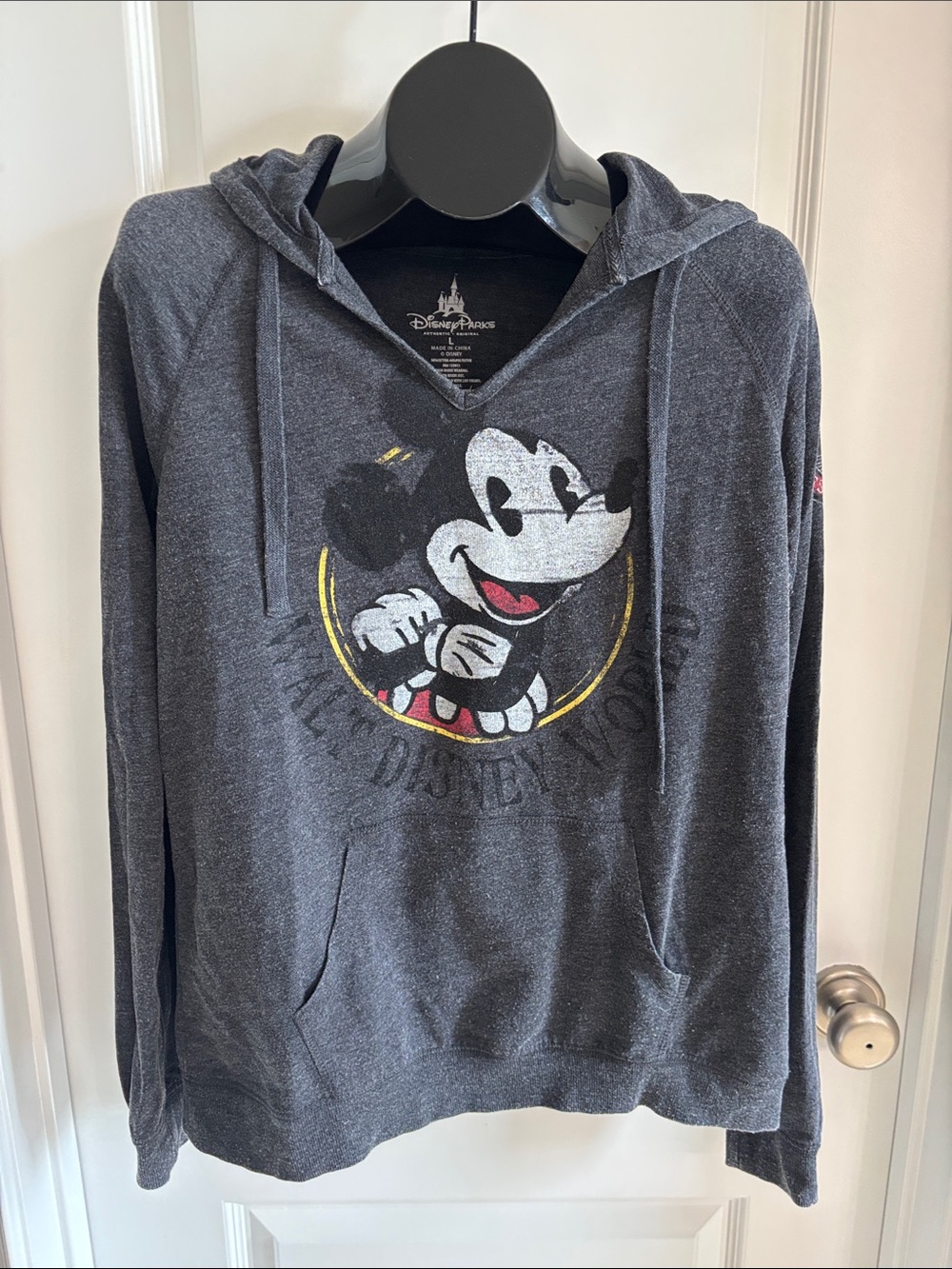 Disney parks women’s size large Dark Gray Mickey Mouse Hoodie distressed logo